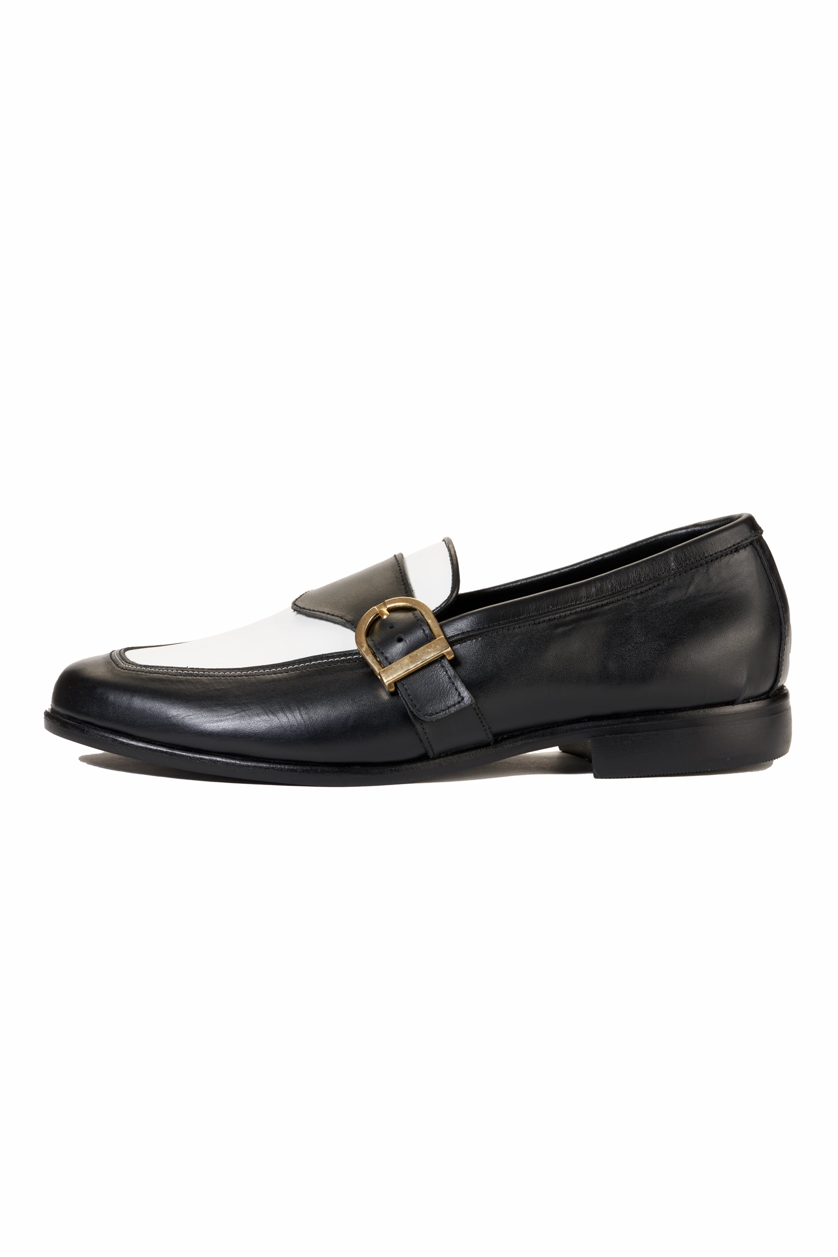 Ajadi Loafers in Black and White Leather with Black Strap Buckle Casual Skateboarding Shoes