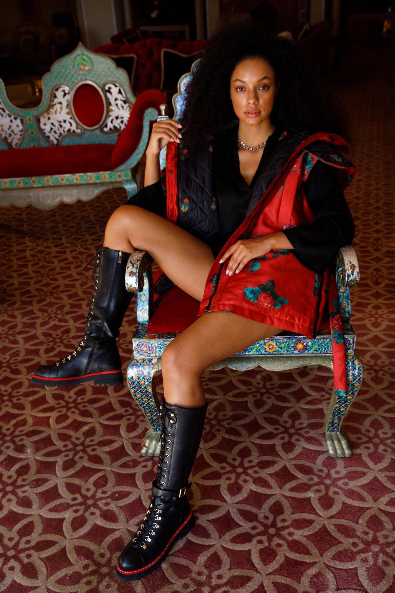 The Istinye Black Leather Knee High Lace-Up Women Boot Limited Edition Crochet Knee High Boots