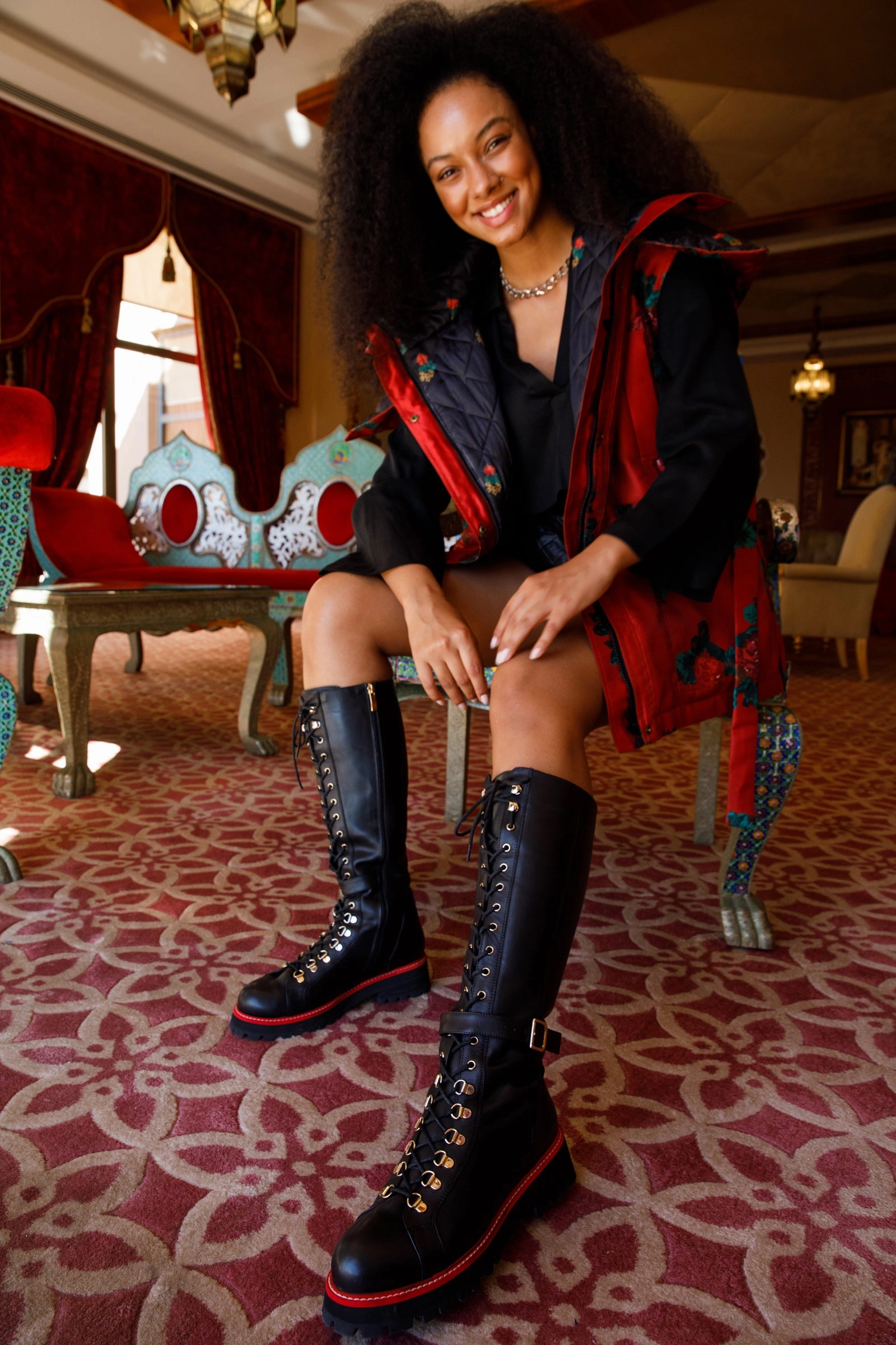 The Istinye Black Leather Knee High Lace-Up Women Boot Limited Edition Anya Knee High Boot