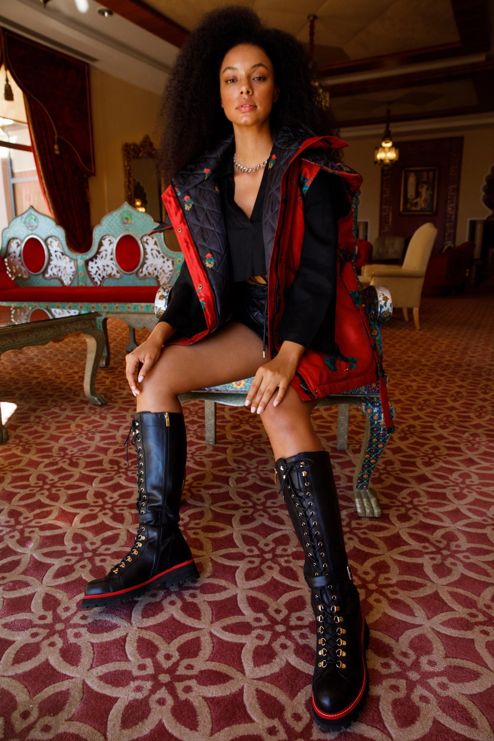 The Istinye Black Leather Knee High Lace-Up Women Boot Limited Edition Knee High Python Boots