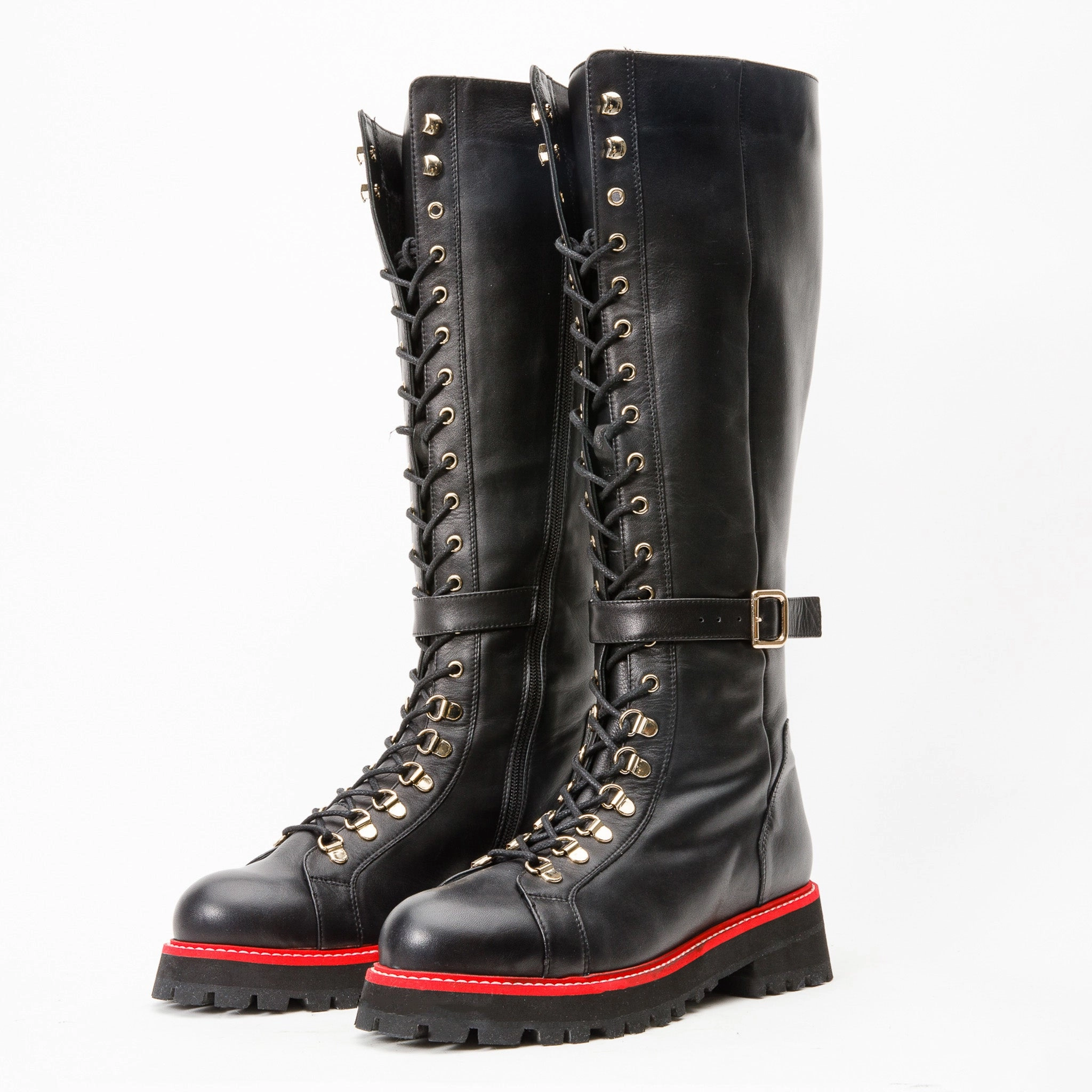 The Istinye Black Leather Knee High Lace-Up Women Boot Limited Edition Brown Boots Knee High Low Heel