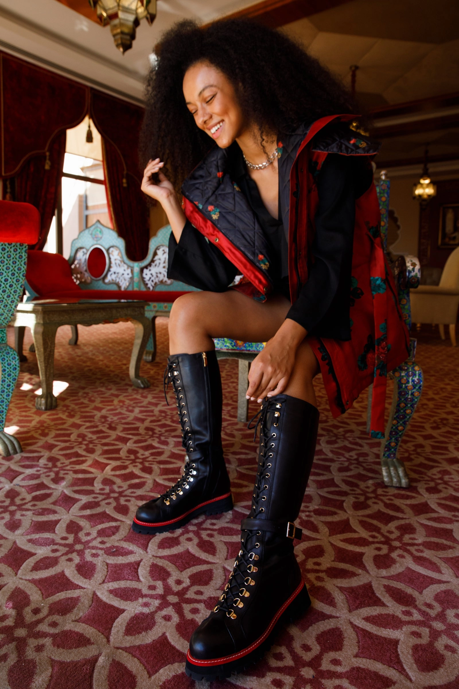 The Istinye Black Leather Knee High Lace-Up Women Boot Limited Edition Extra Extra Wide Knee High Boots