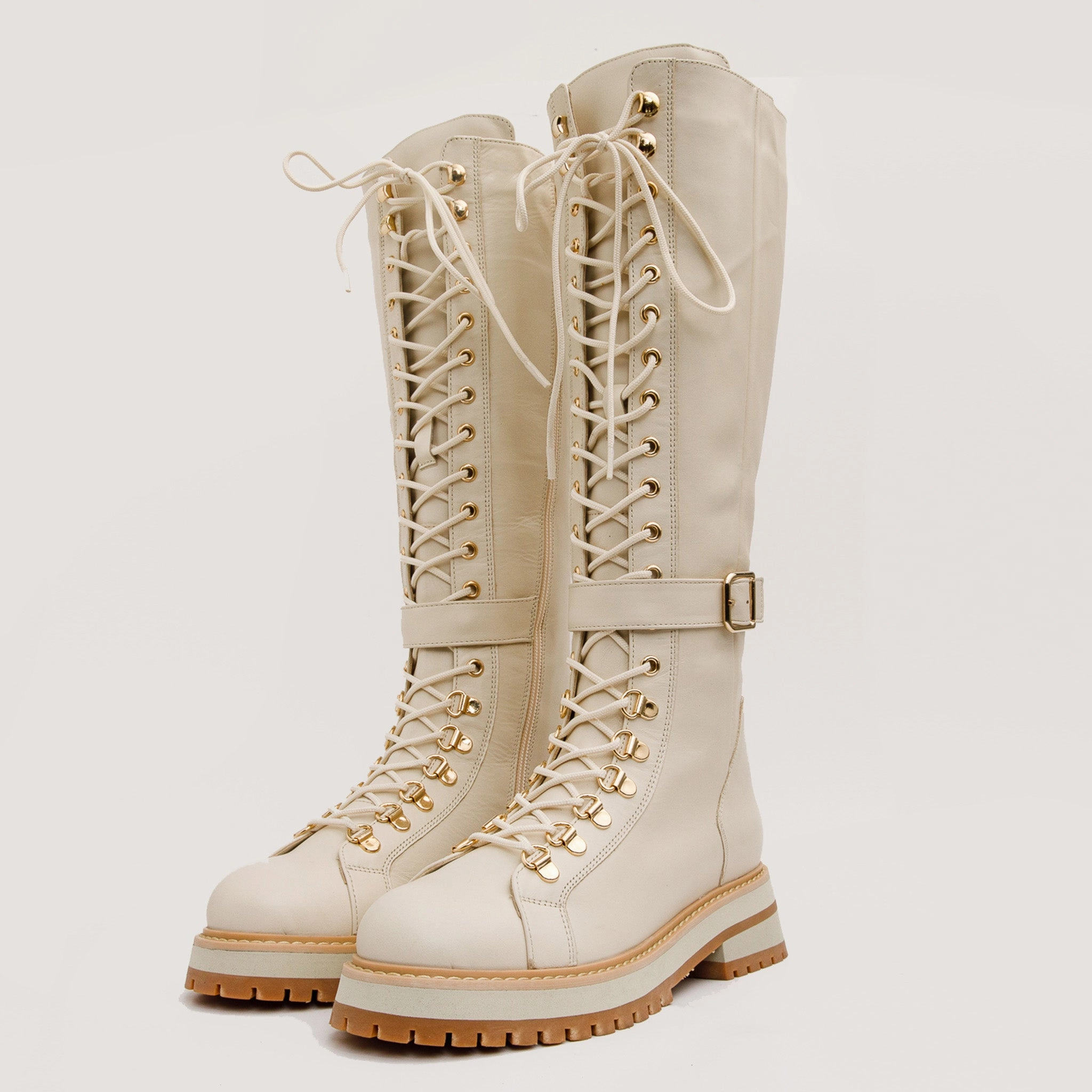 90s Square Toe Knee High Boots The Istinye Cream Leather Knee High Lace-Up Women Boot Limited Edition