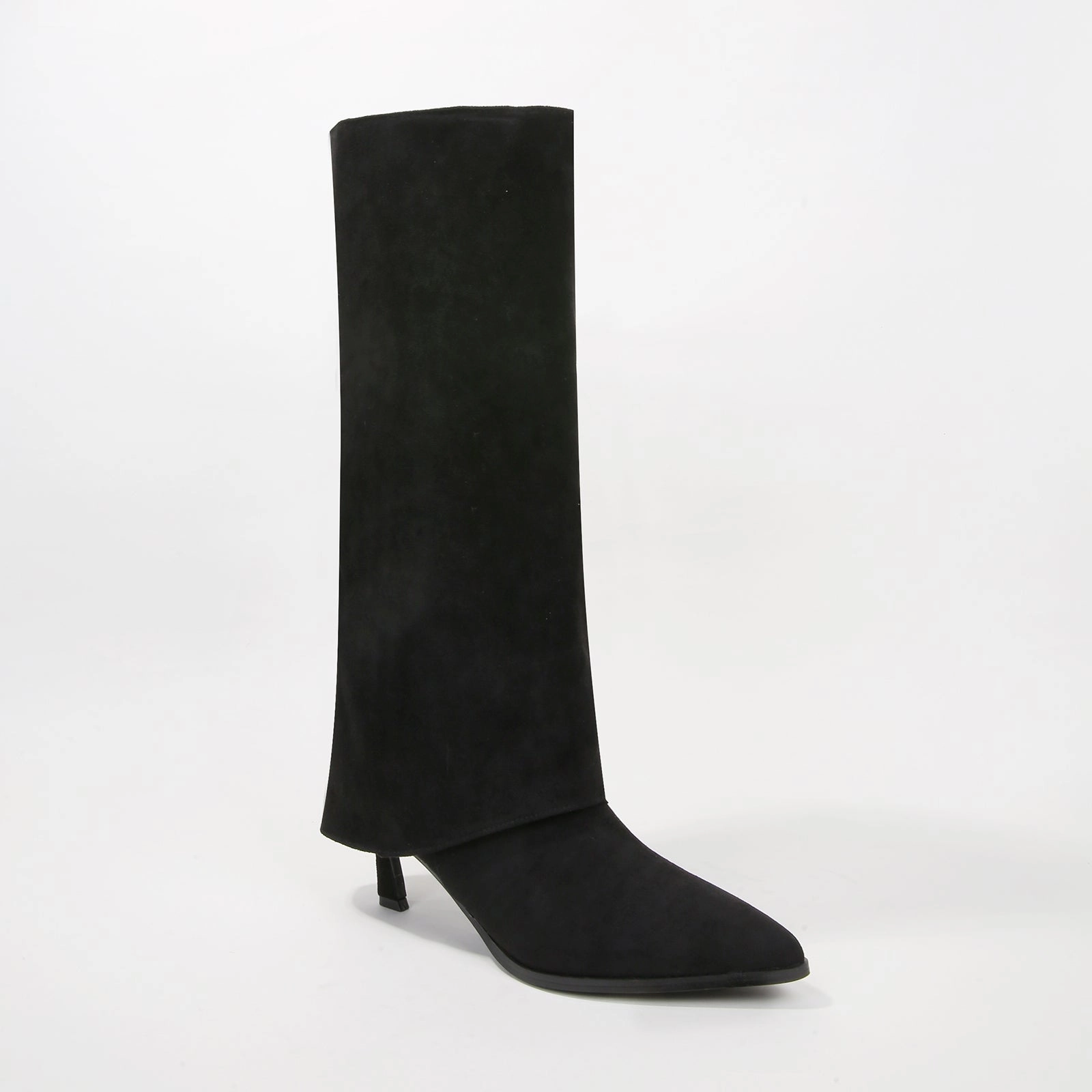 Treasure Fold-Over Suede Knee High Boots Leather Stiletto Boots Knee High