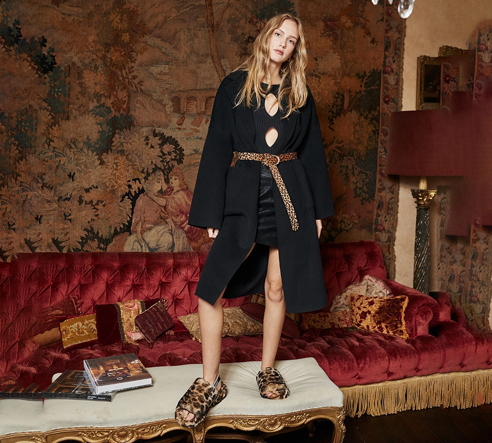 UGG Slides Women Sheepskin Wool Leopard Print Fluffy Sandals Pamela Strappy Sandals Low Heel