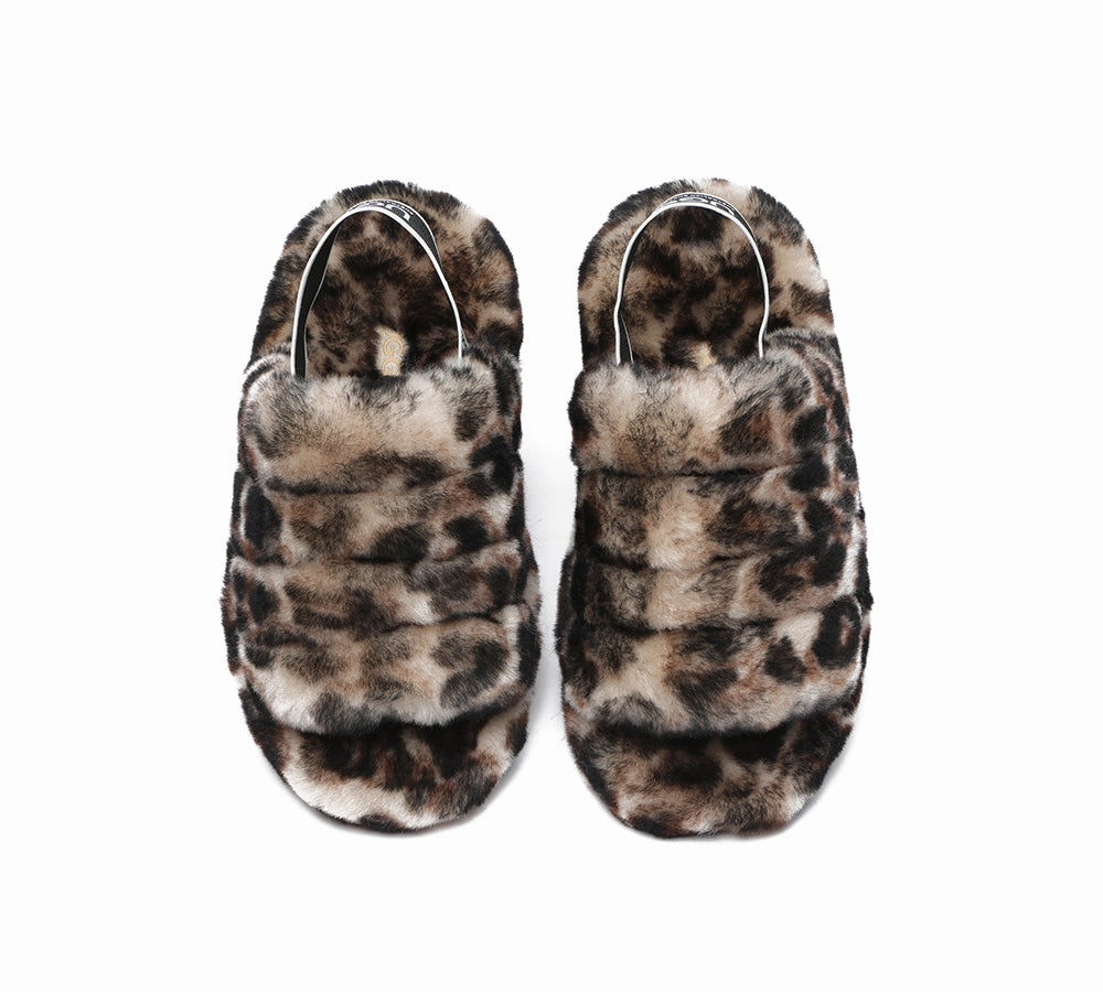 UGG Slides Women Sheepskin Wool Leopard Print Fluffy Sandals Pamela Gold Leather Sandals