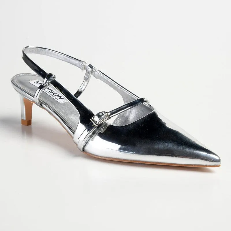 Madison Baila Kitten Slingback Heels - Silver High Heels And Sweatpants