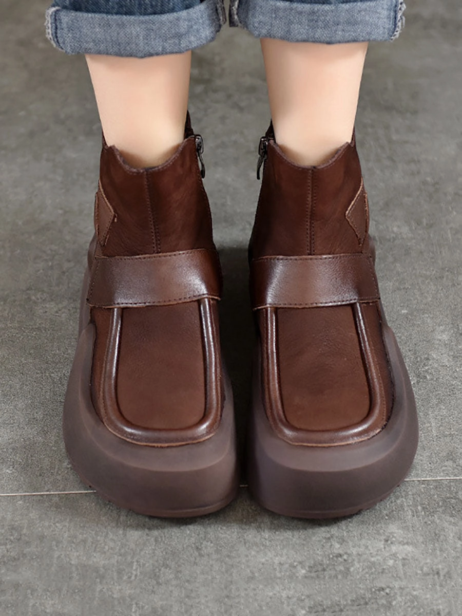 Self Esteem Footwear Combat Boots Women Fashion Genuine Leather Spliced Platform Boots AV1064