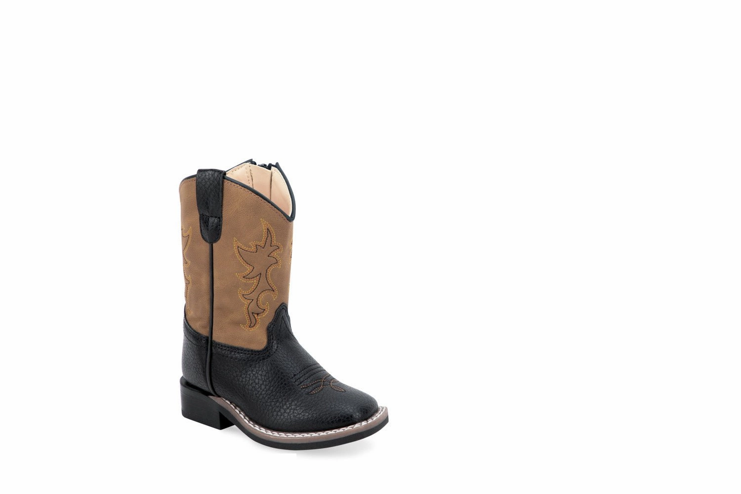 Old West Toddler Unisex Broad Square Toe Tan/Black Faux Leather Cowboy Boots Cute Country Boots