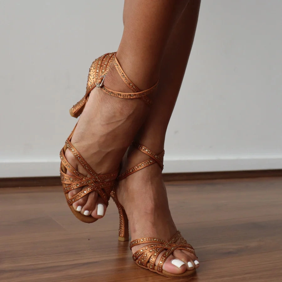 Paris Gold - Tan Gold-Rhinestones 3.5" Latin and Ballroom Dance Shoes Casual Holiday Shoes