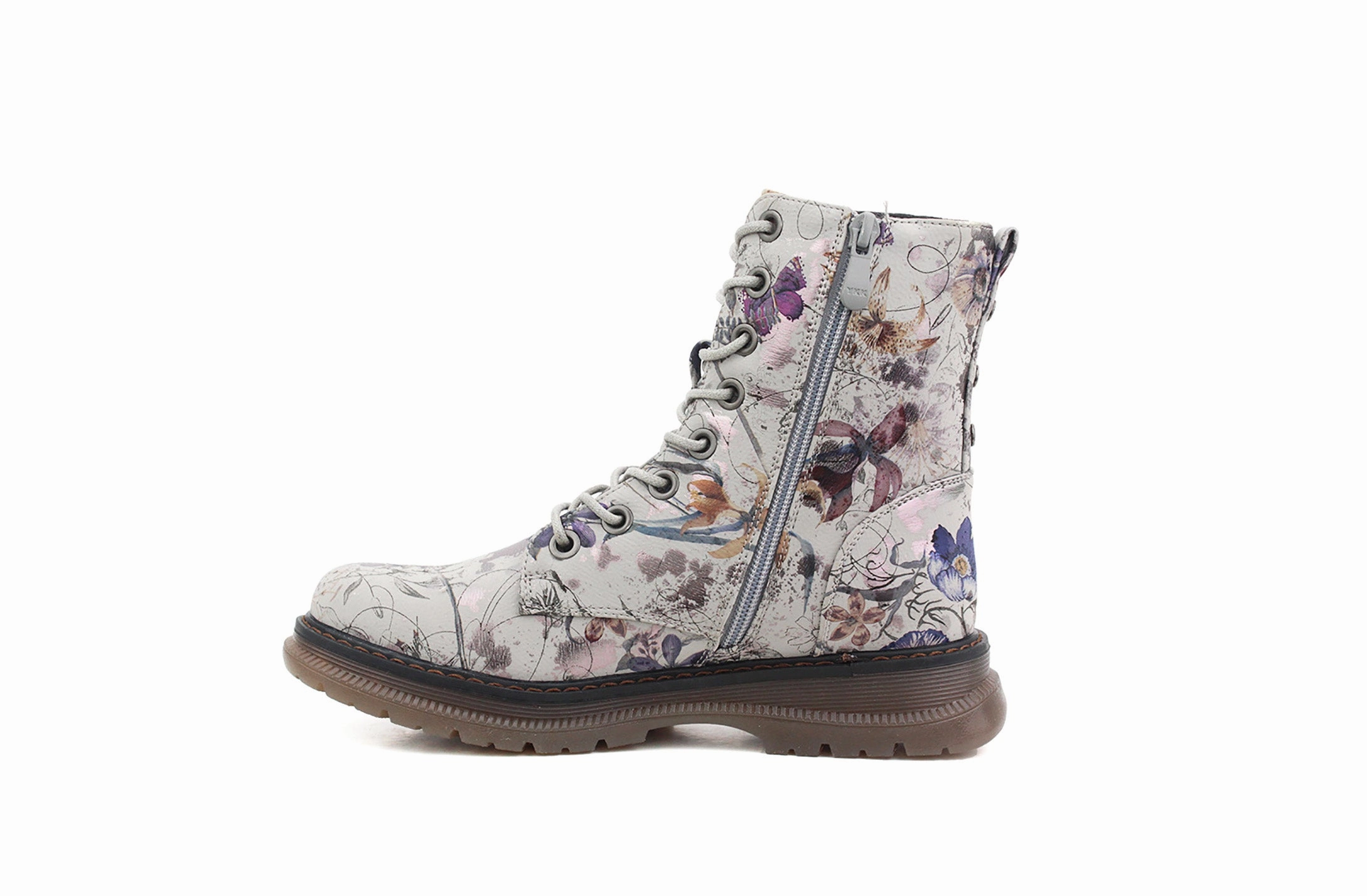 Womens Metallic Floral Grey Combat Boots Ladies High Top Lace Up Side Zip Military Style Boots Cerebus Combat Boots