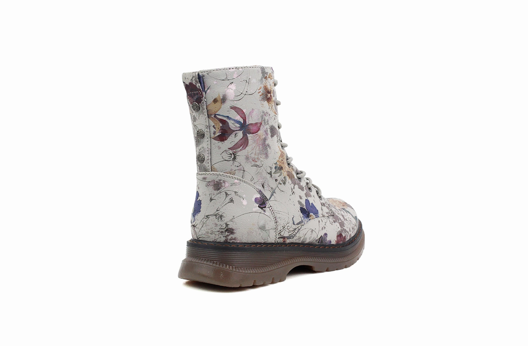 Mid Rise Combat Boots Womens Metallic Floral Grey Combat Boots Ladies High Top Lace Up Side Zip Military Style Boots