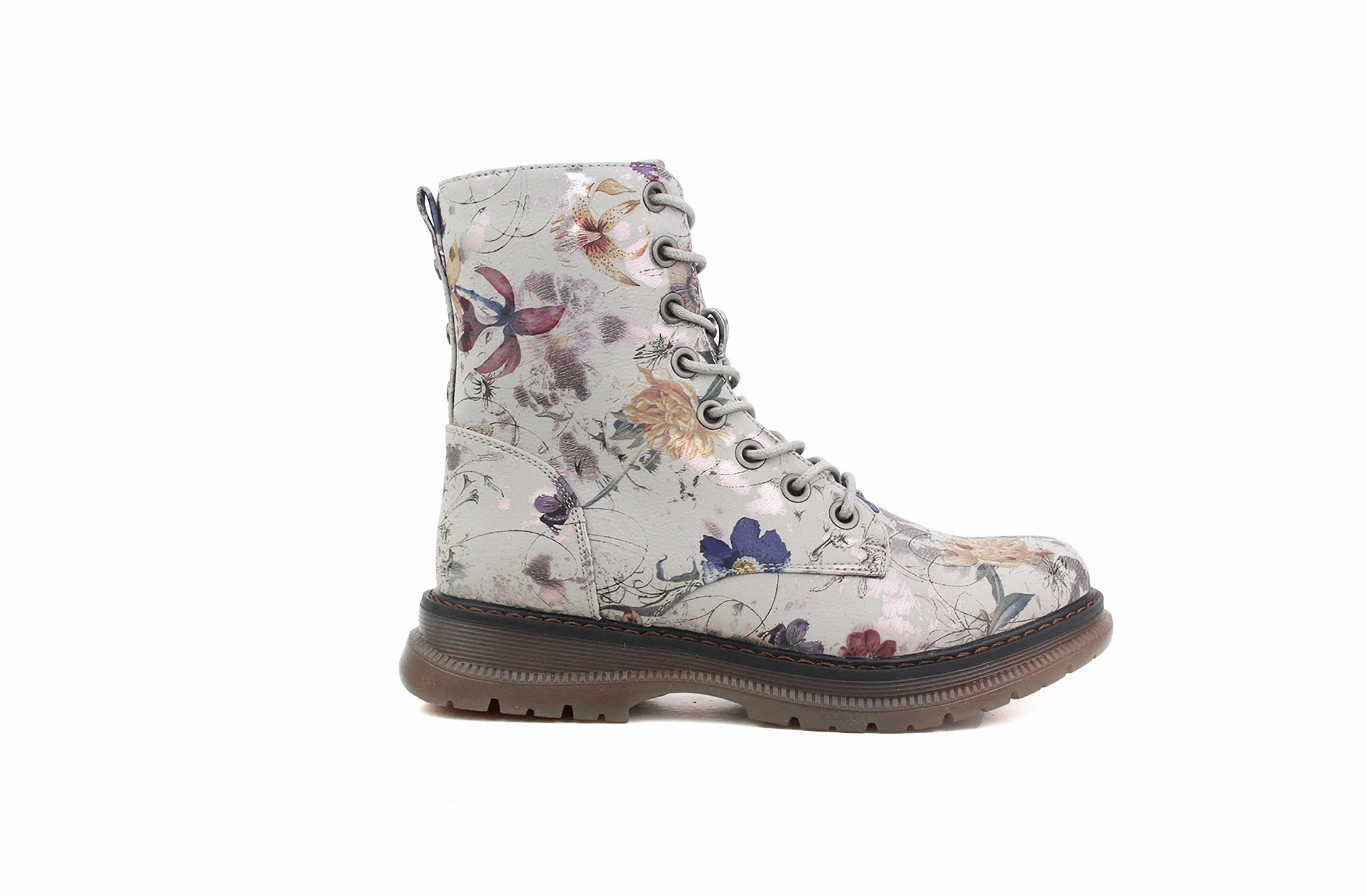 T8 Combat Boots Womens Metallic Floral Grey Combat Boots Ladies High Top Lace Up Side Zip Military Style Boots