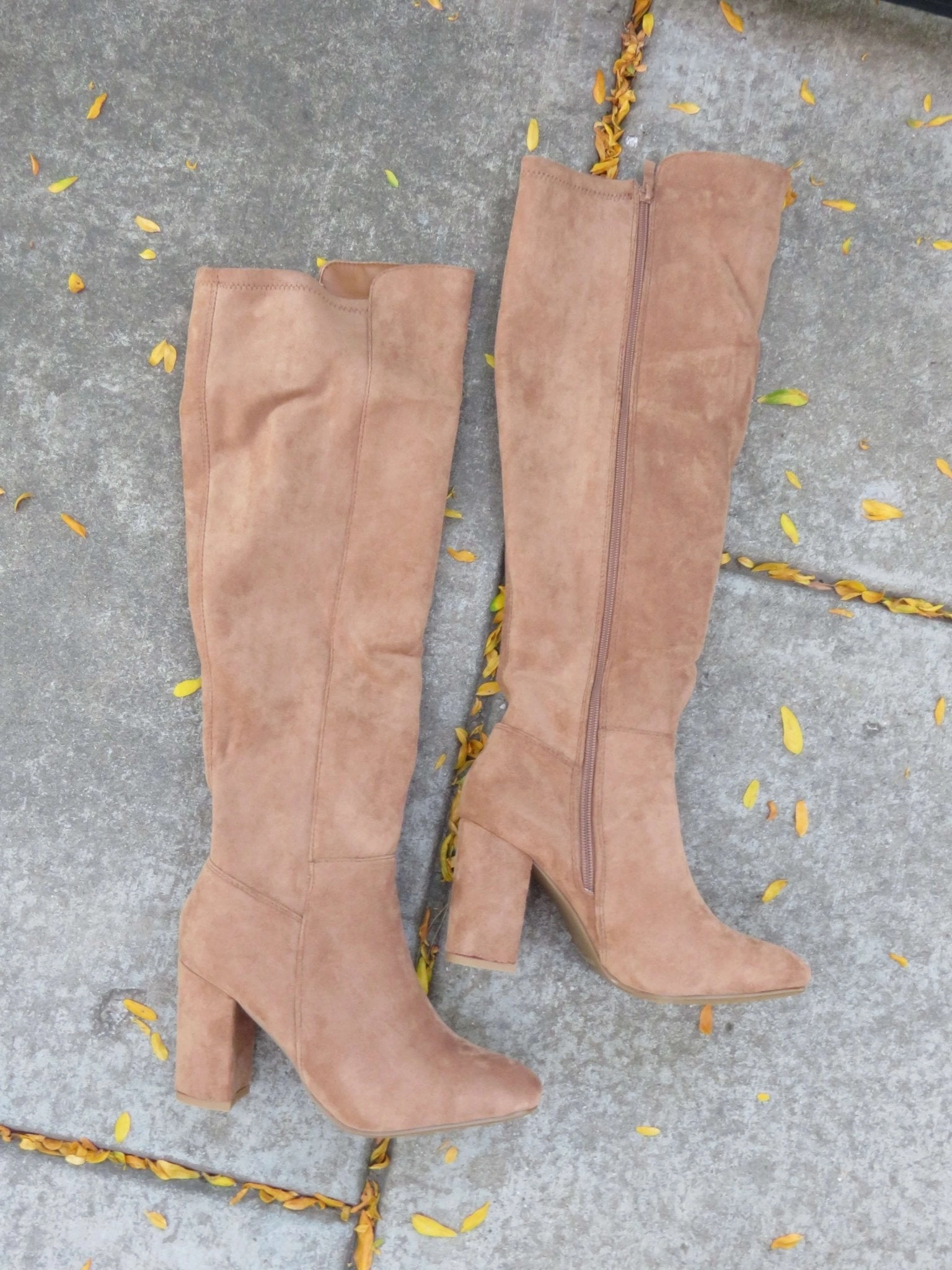 Knee High Boots Chunky Whisky Camel Suede Heeled Knee High Boots