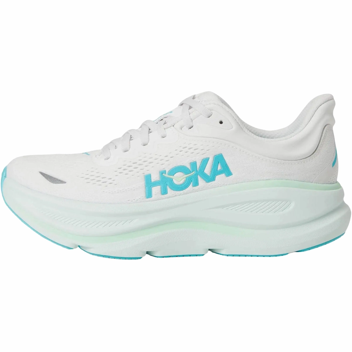Women's - HOKA Bondi 9 - Frost/Cielo Blue Skirt And Combat Boots
