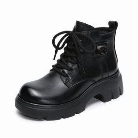 Speed-lace Combat Boots Women's Retro Leather Thick Soled Casual Ankle Boots