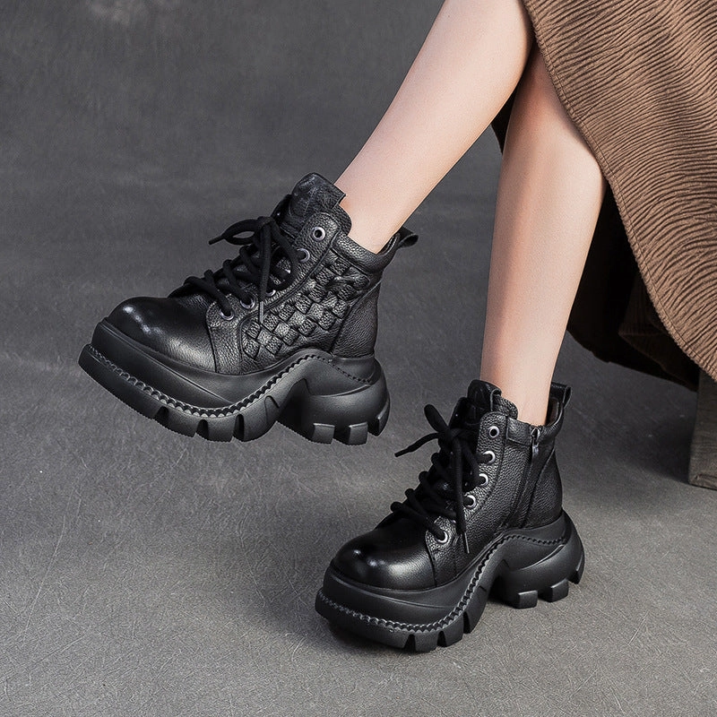 2021 Combat Boots Women's Retro Woven Leather Comfort Platform Boots