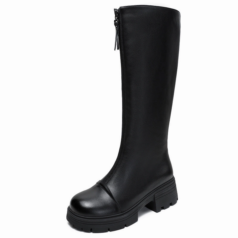 Women's Solid Leather Knee High Riding Boots Wide Calf Knee High Leather Boots