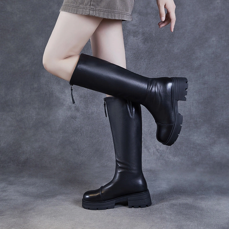 Knee High Peep Toe Boots Women's Solid Leather Knee High Riding Boots