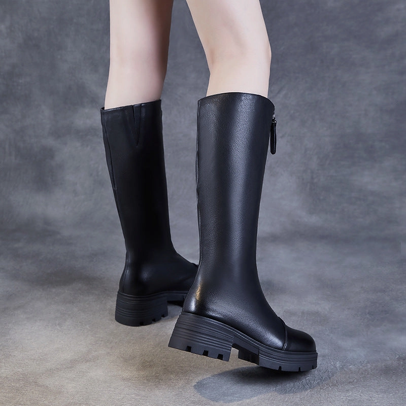 Women's Solid Leather Knee High Riding Boots Supportive Knee High Boots