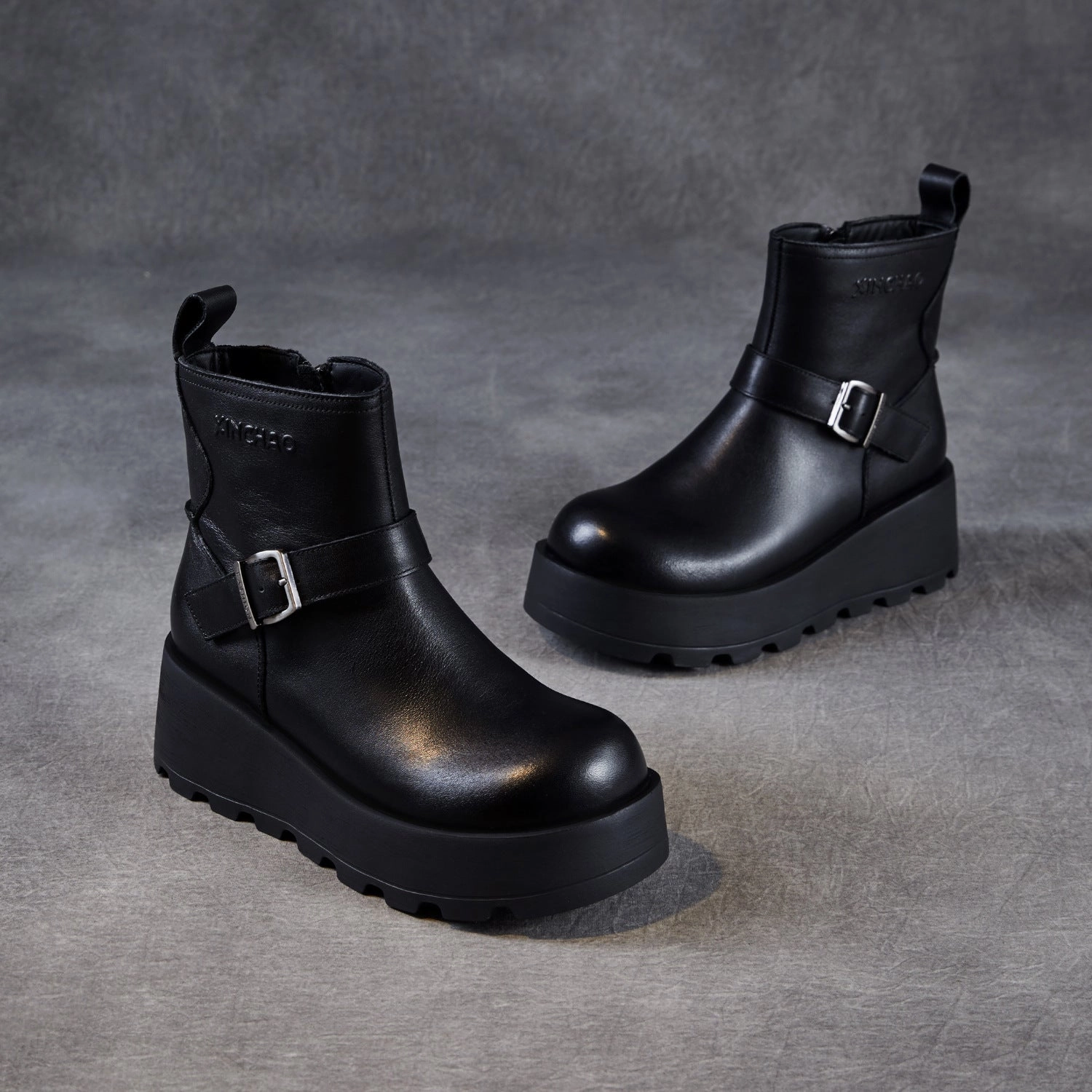 Women's Vintage Plain Leather Chunky Platform Ankle Boots Combat Boots And High Waisted Shorts