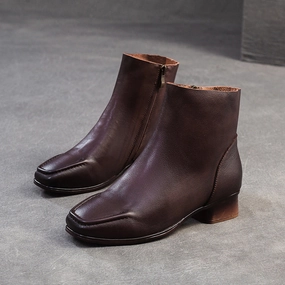 Akira Combat Boots Women Vintage Solid Soft Leather Low Block Ankle Boots