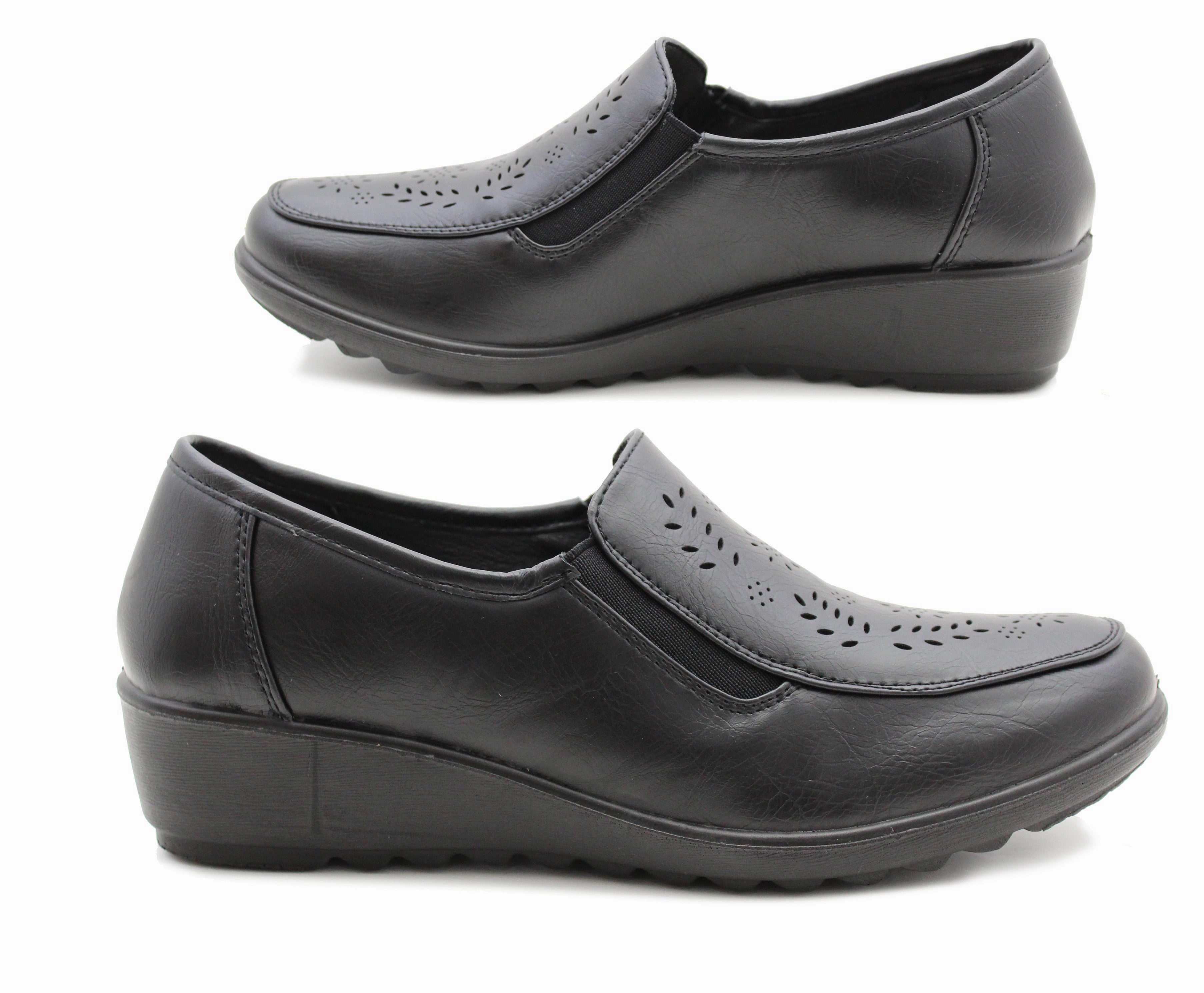 Womens Black Loafers Low Wedge Heel Slip On Office Shoes Formal Smart Casual Pumps Casual Shoes With  Jeans