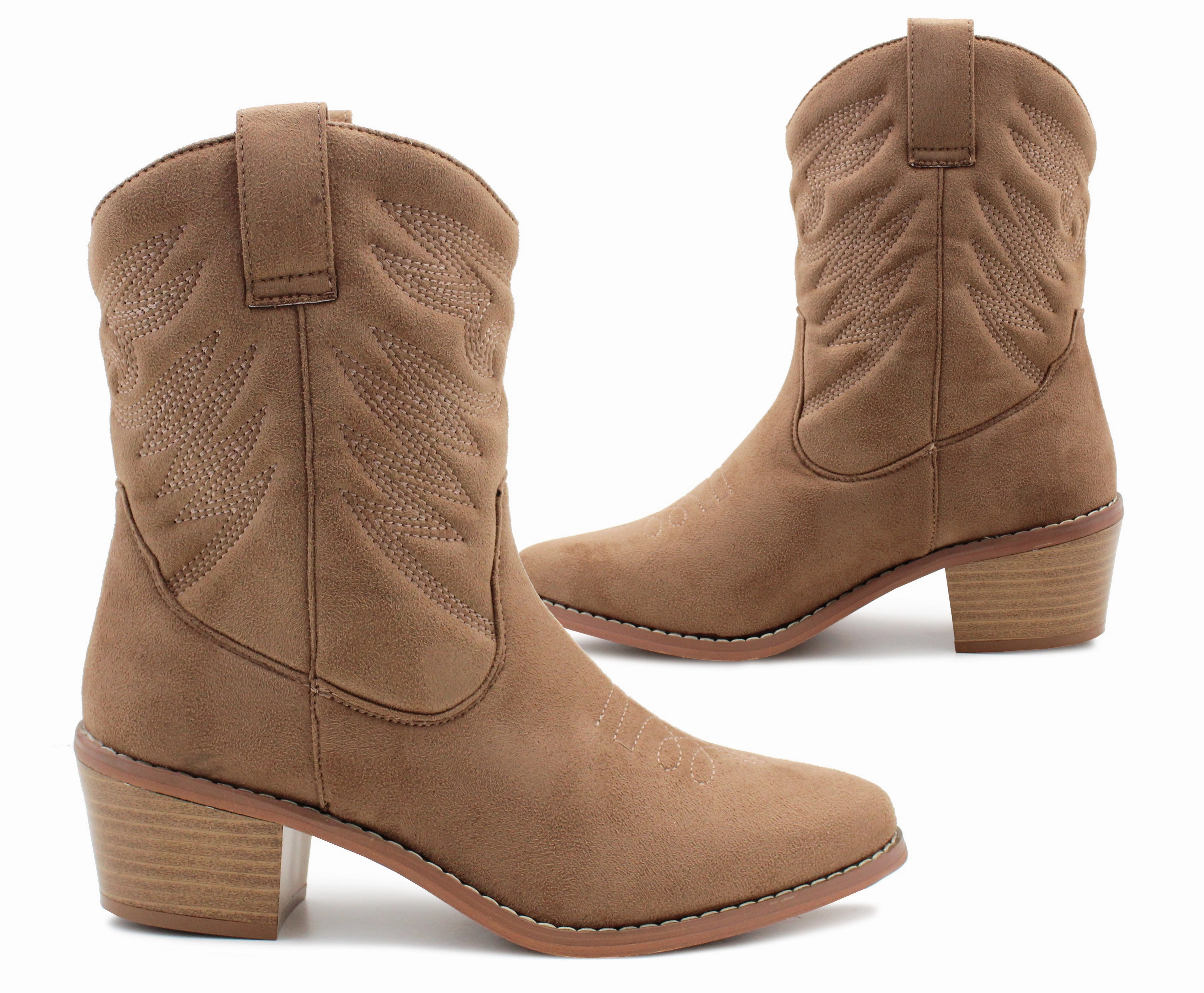 Womens Cowboy Boots Mid Calf Western Taupe Faux Suede Leather Embroidered Cowgirl Boot Pull On Block Heel Pointed Toe Boots Ways To Tie Combat Boots
