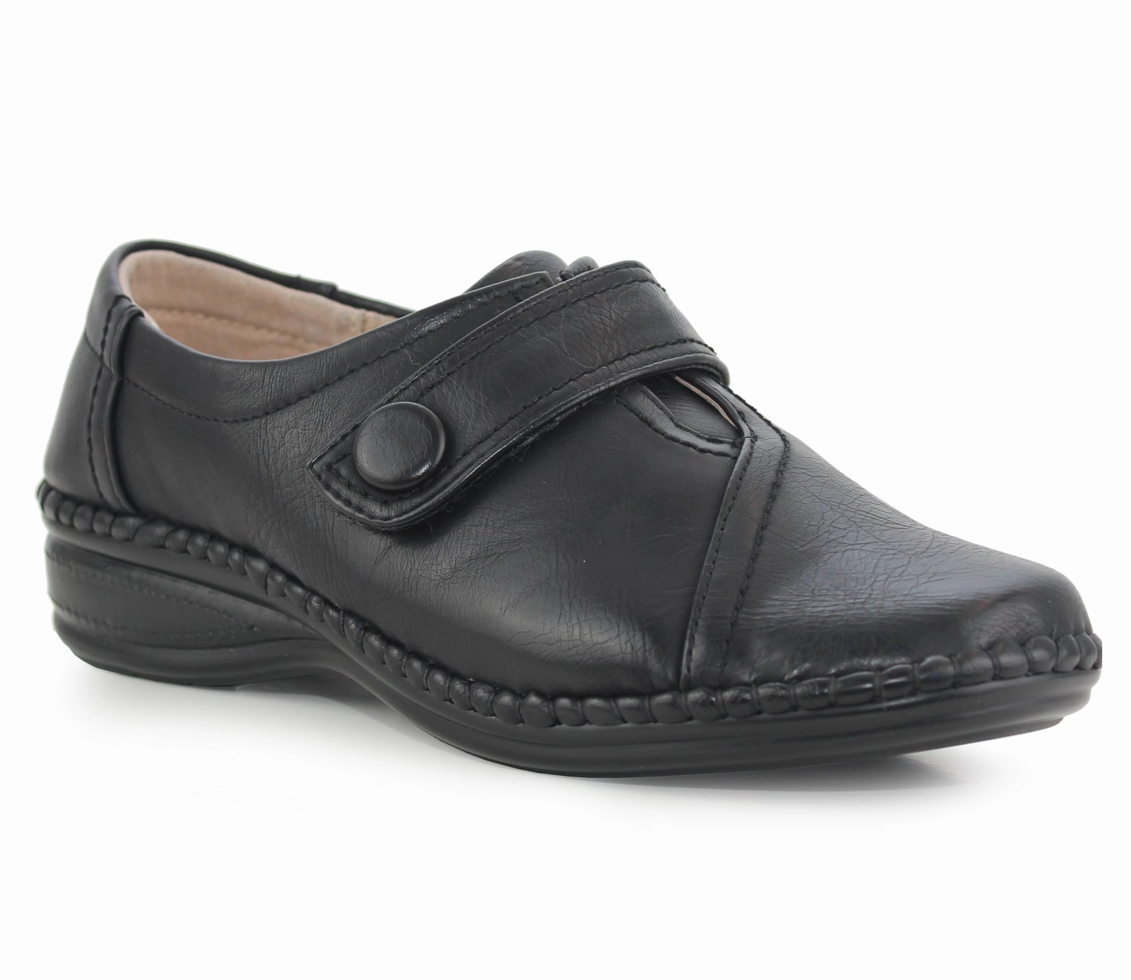 Womens Ladies Extra Wide Fitting EEE Touch Fasten Strap Leather Lined Office Formal Loafers Shoes Business Casual Barefoot Shoes