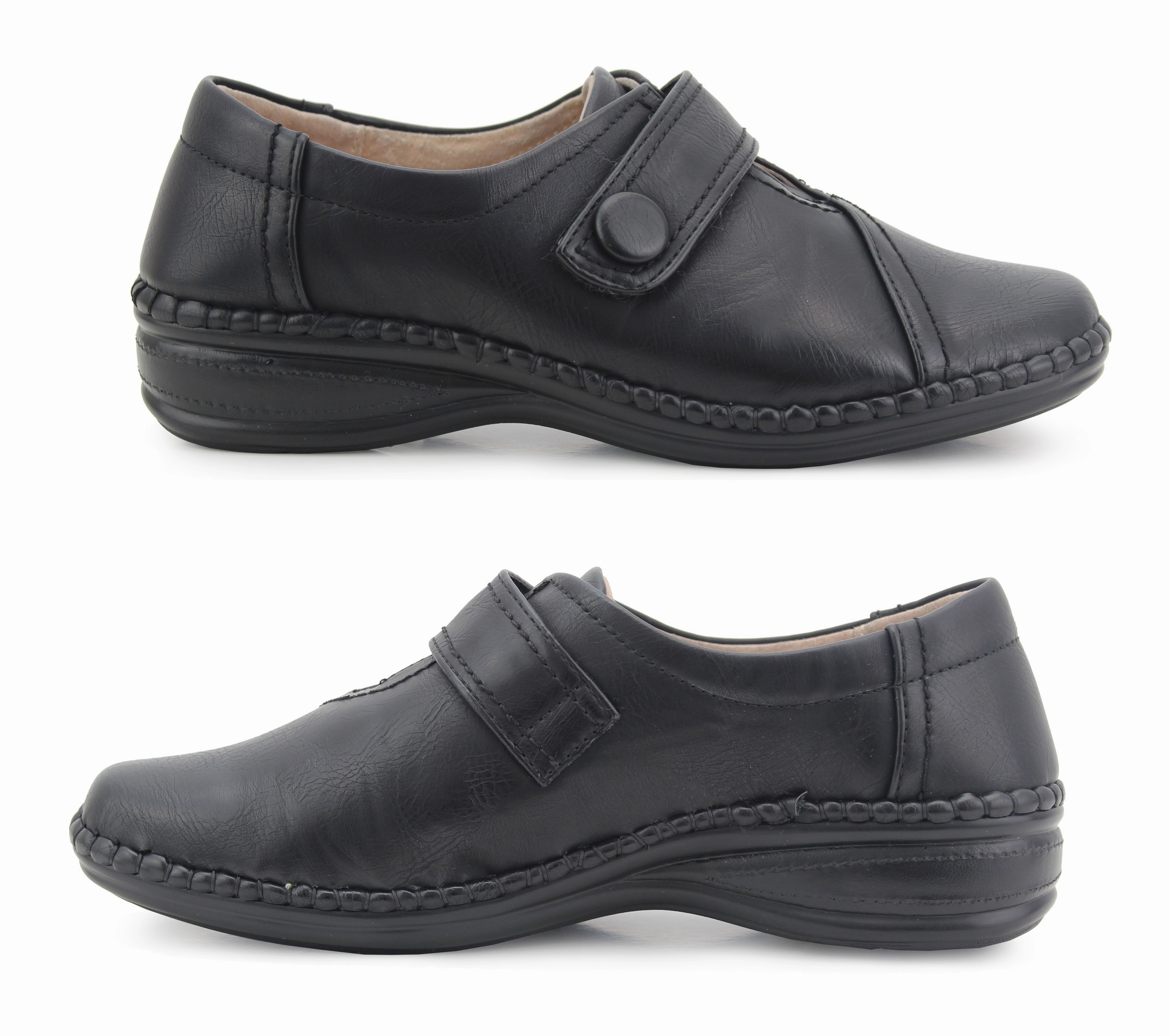 Womens Ladies Extra Wide Fitting EEE Touch Fasten Strap Leather Lined Office Formal Loafers Shoes Eureka Slip-on Casual Shoes